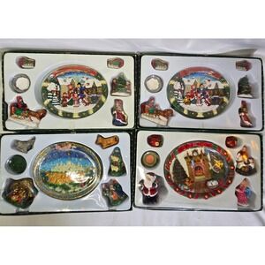 Miniature Tea Set Lot of 4 Nativity Scene Santa Fireplace Scene Christmas Carol
